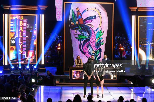 Anthony Michaels and judges Oliver Peck, Dave Navarro and Chris Nunez speak onstage during the Return of the Masters competition phase of the Ink...