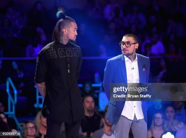 The top 2 Return of the Masters finalists Anthony Michaels and DJ Tambe stand onstage during the Ink Master Season 10 Finale at the Park Theater at...