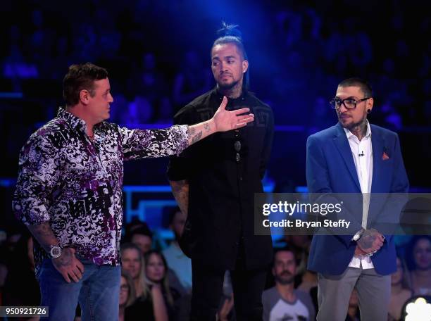 The 3 Return of the Masters finalists Steve Tefft, Anthony Michaels and DJ Tambe stand onstage during the Ink Master Season 10 Finale at the Park...