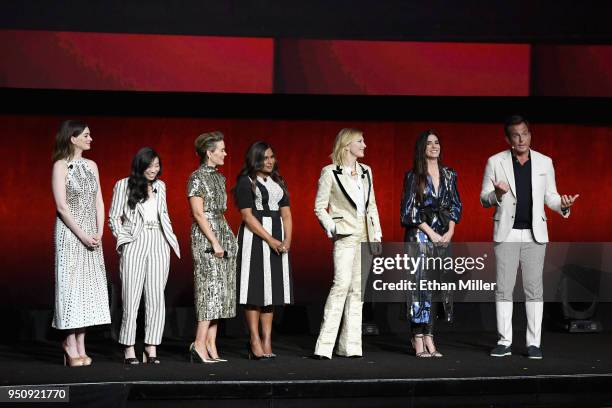 Actors Anne Hathaway, Awkwafina, Sarah Paulson, Mindy Kaling, Cate Blanchett, Sandra Bullock and Will Arnett speak onstage during CinemaCon 2018...