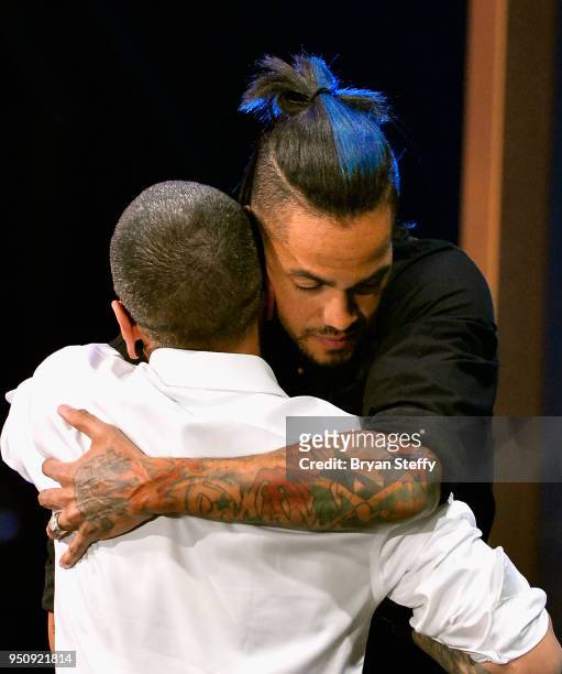 Tambe and Anthony Michaels embrace duirng the Ink Master Season 10 Finale at the Park Theater at Monte Carlo Resort and Casino in Las Vegas on April...
