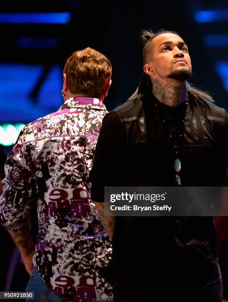 Finalists Steve Tefft and Anthony Michaels stand onstage during the Ink Master Season 10 Finale at the Park Theater at Monte Carlo Resort and Casino...