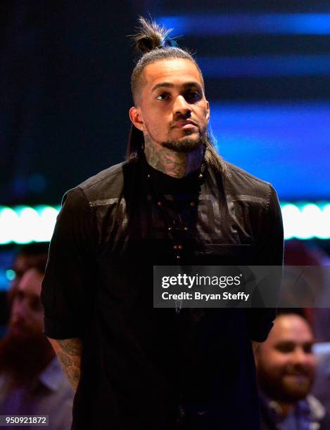 Anthony Michaels stands onstage during the Ink Master Season 10 Finale at the Park Theater at Monte Carlo Resort and Casino in Las Vegas on April 19,...