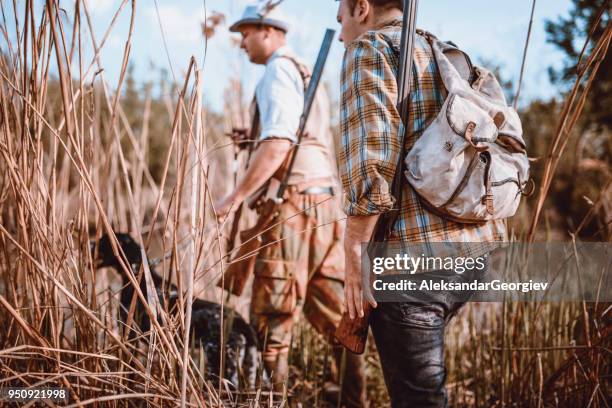 group of hunters with their dogs going for hunting action - pointer dog pointing stock pictures, royalty-free photos & images