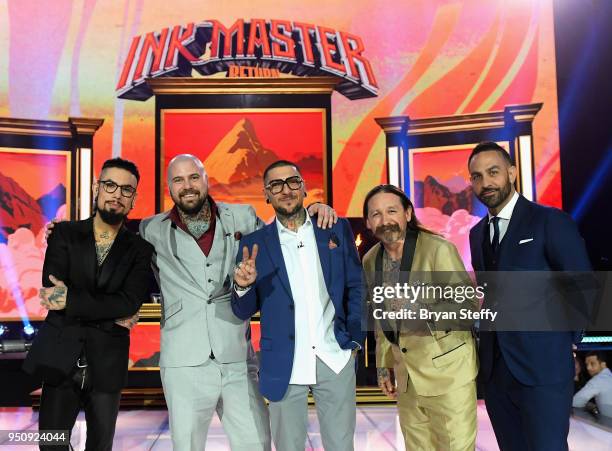 Dave Navarro, Ink Master winner Josh Payne, Return of the Masters winner DJ Tambe, Oliver Peck and Chris Nunez attend the Ink Master Season 10 Finale...