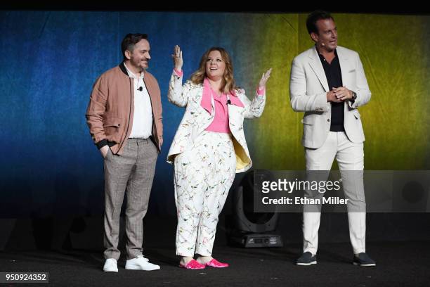 Director/Actor Ben Falcone, actors Melissa McCarthy and Will Arnett speak onstage during CinemaCon 2018 Warner Bros. Pictures Invites You to "The Big...