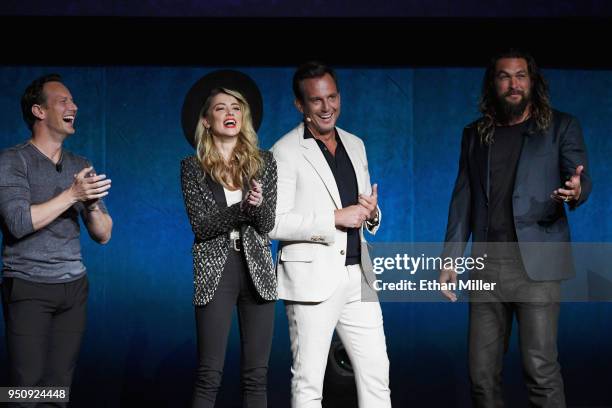 Actors Patrick Wilson, Amber Heard, Will Arnett and Jason Momoa speak onstage during CinemaCon 2018 Warner Bros. Pictures Invites You to "The Big...