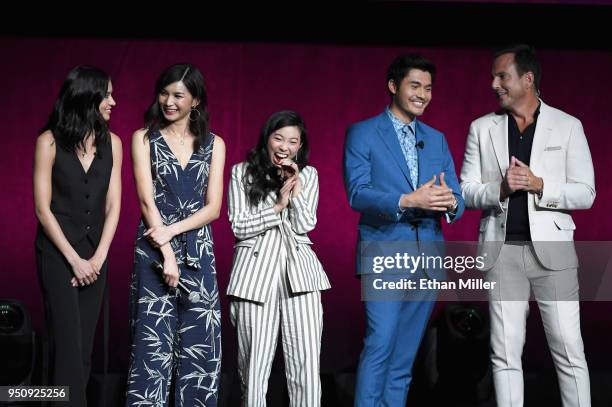 Actors Sonoya Mizuno, Gemma Chan, Awkwafina, Henry Golding and Will Arnett speak onstage during CinemaCon 2018 Warner Bros. Pictures Invites You to...