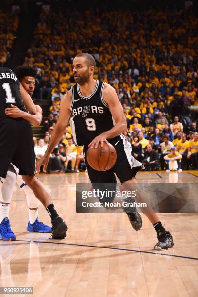 Tony Parker of the San Antonio Spurs handles the ball against the Golden State Warriors Game Five of Round One of the 2018 NBA Playoffs on April 24,...