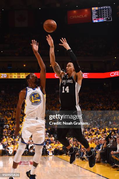 Danny Green of the San Antonio Spurs shoots the ball against the Golden State Warriors in Game Five of Round One of the 2018 NBA Playoffs on April...