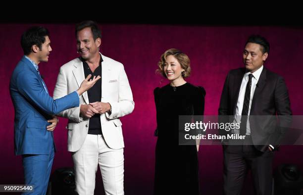 Actors Henry Golding, Will Arnett, Constance Wu and director Jon M. Chu speakn onstage during CinemaCon 2018 Warner Bros. Pictures Invites You to...