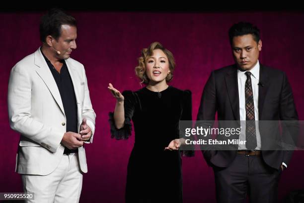 Actors Will Arnett, Constance Wu and director Jon M. Chu speak onstage during CinemaCon 2018 Warner Bros. Pictures Invites You to The Big Picture,...