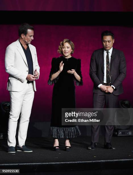 Actors Will Arnett, Constance Wu and director Jon M. Chu speak onstage during CinemaCon 2018 Warner Bros. Pictures Invites You to "The Big Picture",...
