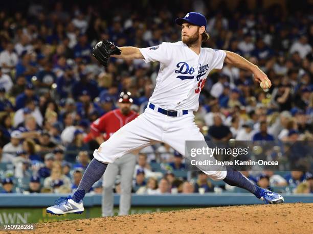 Tony Cingrani of the Los Angeles Dodgers pitches during the game against the Washington Nationals at Dodger Stadium on April 21, 2018 in Los Angeles,...