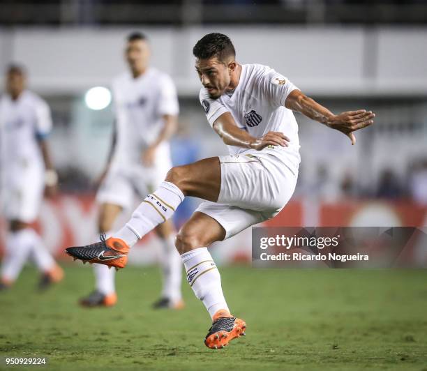 Jean Mota of Santos during the match between Santos and Estudiantes as a part of Copa Libertadores 2018 at Vila Belmiro Stadium on April 24, 2018 in...