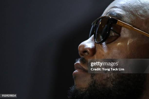 Leon Edwards speaks during the UFC Fight Night Singapore: On-sale press conference at the Mandarin Oriental on April 25, 2018 in Singapore. UFC Fight...