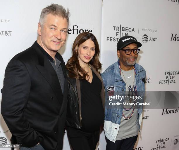 Alec Baldwin, Hilaria Baldwin and Spike Lee attend the 2018 Tribeca Film Festival Tribeca Talks : Storytellers at Spring Studios on April 24, 2018 in...