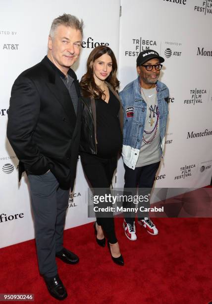 Alec Baldwin, Hilaria Baldwin and Spike Lee attend the 2018 Tribeca Film Festival Tribeca Talks : Storytellers at Spring Studios on April 24, 2018 in...