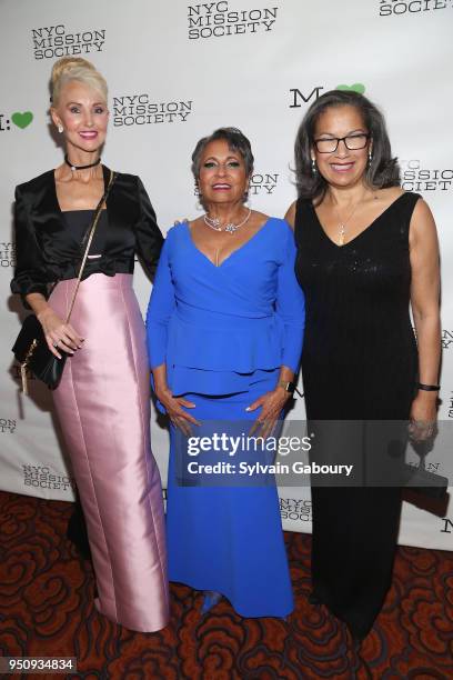 Katrina Peebles, Cathy Hughes and Elsie McCabe Thompson attend NYC Mission Society's 2018 Champions for Children gala on April 24, 2018 in New York...