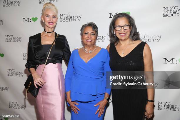 Katrina Peebles, Cathy Hughes and Elsie McCabe Thompson attend NYC Mission Society's 2018 Champions for Children gala on April 24, 2018 in New York...