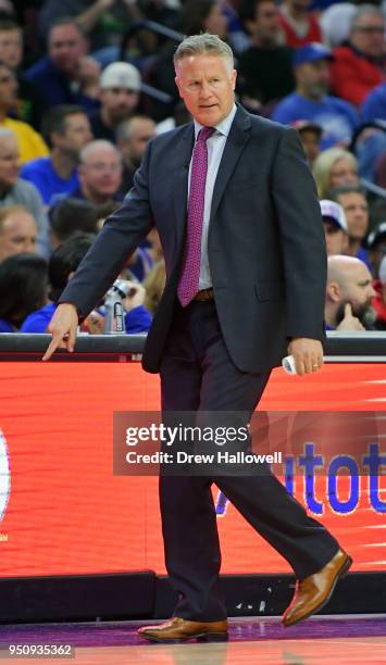 Head coach Brett Brown of the Philadelphia 76ers directs the team from the sideline during the game against the Miami Heat at Wells Fargo Center on...