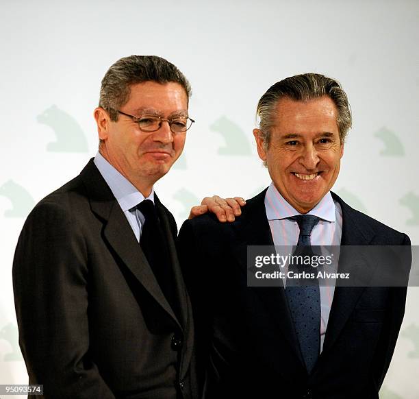 Madrid Mayor Alberto Ruiz Gallardon and president of Banco Caja Madrid Miguel Blesa attend the Inauguration of Caja Madrid Monument on December 23,...