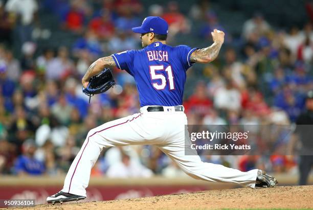 Matt Bush of the Texas Rangers throws in the seventh inning against the Oakland Athletics at Globe Life Park in Arlington on April 24, 2018 in...