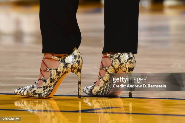 Shoes of Becky Hammon assistant coach of the San Antonio Spurs during the game against the Golden State Warriors in Game Five of Round One of the...