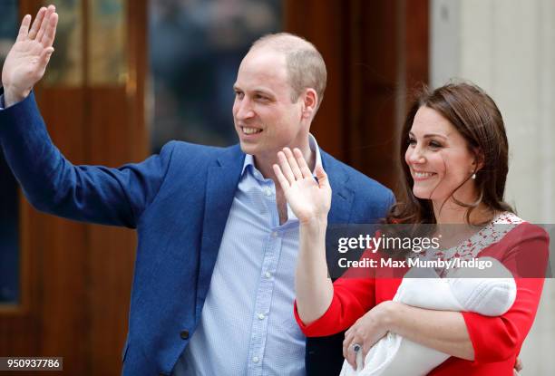 Prince William, Duke of Cambridge and Catherine, Duchess of Cambridge depart the Lindo Wing of St Mary's Hospital with their newborn baby son on...