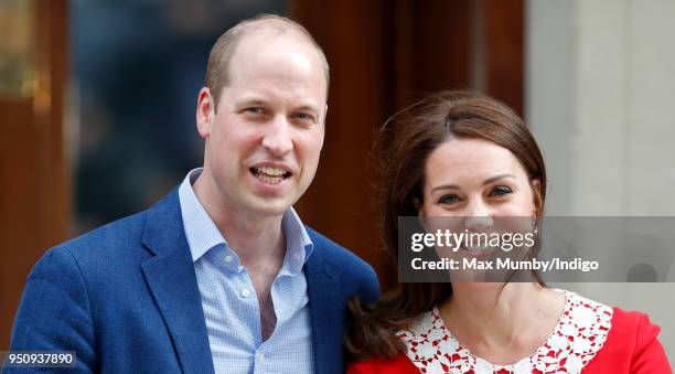 Prince William, Duke of Cambridge and Catherine, Duchess of Cambridge depart the Lindo Wing of St Mary's Hospital with their newborn baby son on...