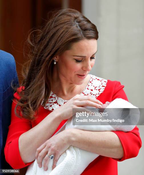 Catherine, Duchess of Cambridge departs the Lindo Wing of St Mary's Hospital with her newborn baby son on April 23, 2018 in London, England. The...