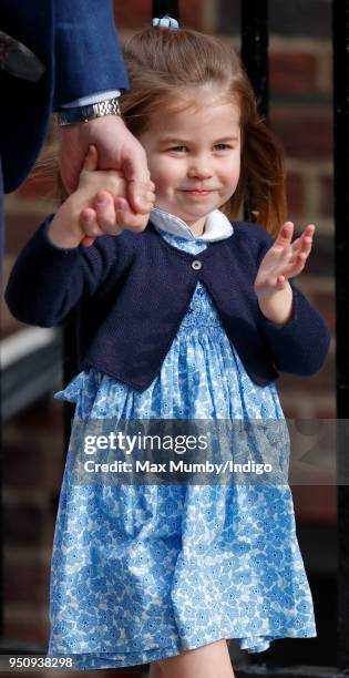 Princess Charlotte of Cambridge arrives with Prince William, Duke of Cambridge at the Lindo Wing of St Mary's Hospital to visit her newborn baby...