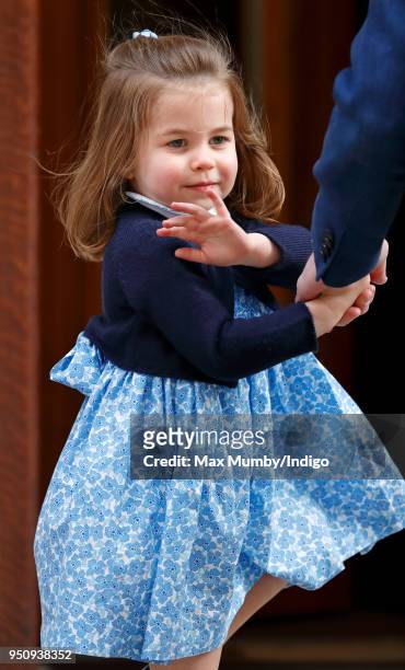 Princess Charlotte of Cambridge arrives with Prince William, Duke of Cambridge at the Lindo Wing of St Mary's Hospital to visit her newborn baby...