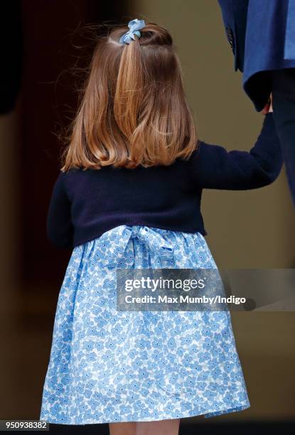 Princess Charlotte of Cambridge arrives with Prince William, Duke of Cambridge at the Lindo Wing of St Mary's Hospital to visit her newborn baby...