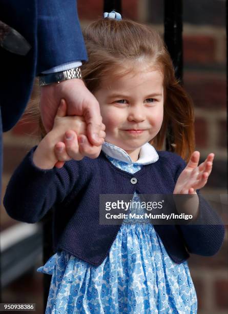 Princess Charlotte of Cambridge arrives with Prince William, Duke of Cambridge at the Lindo Wing of St Mary's Hospital to visit her newborn baby...