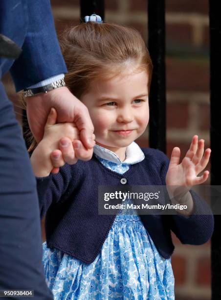 Princess Charlotte of Cambridge arrives with Prince William, Duke of Cambridge at the Lindo Wing of St Mary's Hospital to visit her newborn baby...