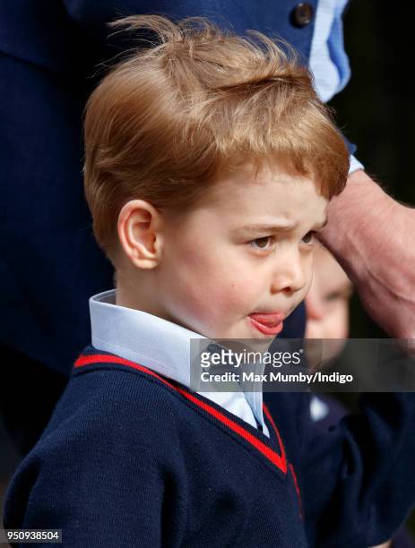 Prince George of Cambridge arrives with Prince William, Duke of Cambridge at the Lindo Wing of St Mary's Hospital to visit his newborn baby brother...