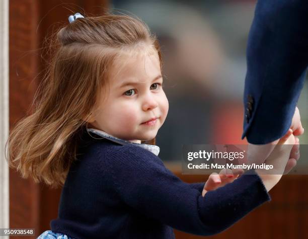 Princess Charlotte of Cambridge arrives with Prince William, Duke of Cambridge at the Lindo Wing of St Mary's Hospital to visit her newborn baby...