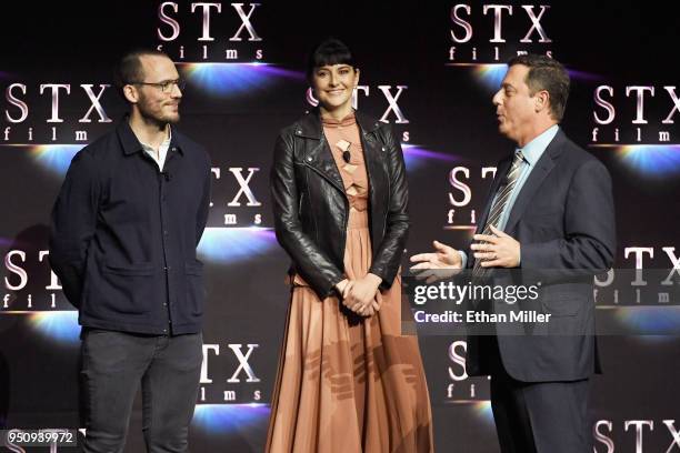 Actors Sam Claflin, and Shailene Woodley and STXfilms Chairman Adam Fogelson speak onstage during the STXfilms presentation at The Colosseum at...