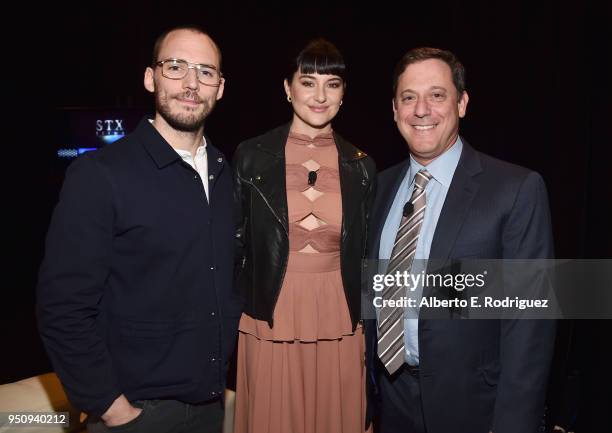 Actors Sam Claflin, Shailene Woodley and Chairman of STXfilms Adam Fogelson attend CinemaCon 2018 STXfilms Invites You to an Evening Featuring A...