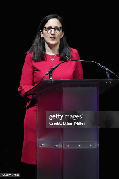 Theatres Executive Vice President, Chief Content & Programming Officer, Elizabeth Frank speaks onstage during the STXfilms presentation at The...