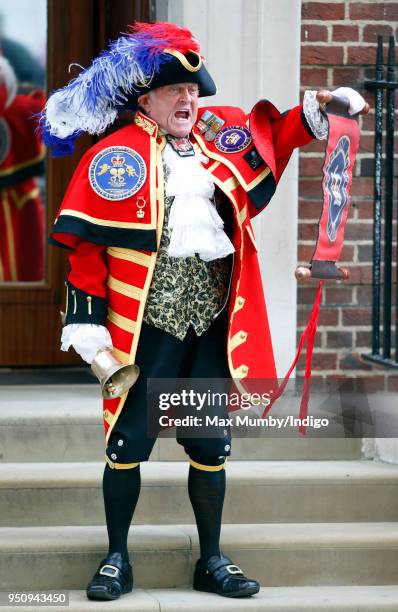 Town Crier Tony Appleton makes an announcement that Catherine, Duchess of Cambridge has given birth to a baby boy at the Lindo Wing of St Mary's...