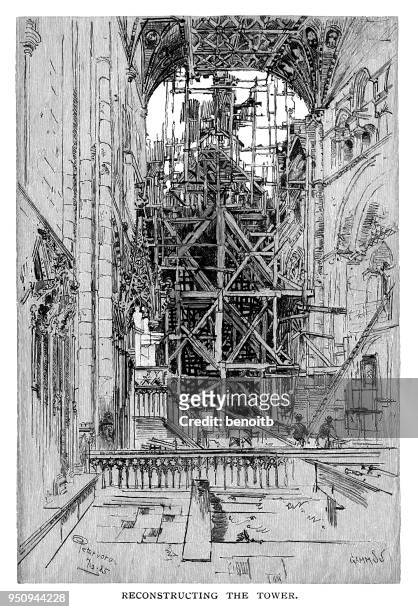 reconstructing the tower at peterborough cathedral in england - cambridgeshire stock illustrations