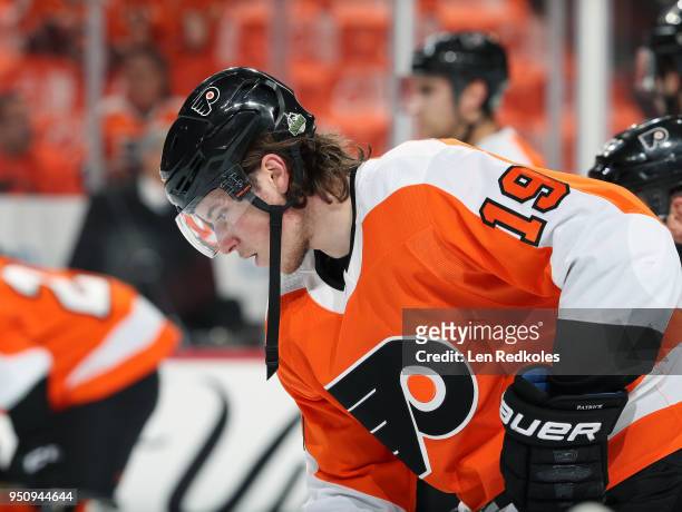 Nolan Patrick of the Philadelphia Flyers warms up against the Pittsburgh Penguins in Game Four of the Eastern Conference First Round during the 2018...