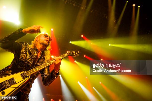 Richie Faulkner od Judas Priest performs on stage at Veterans Memorial Coliseum in Portland, Oregon on April 17, 2018.