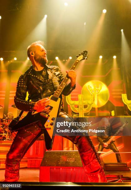 Andy Sneap of Judas Priest performs on stage at Veterans Memorial Coliseum in Portland, Oregon on April 17, 2018.
