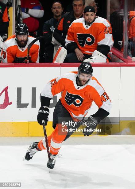 Andrew MacDonald of the Philadelphia Flyers skates against the Pittsburgh Penguins in Game Four of the Eastern Conference First Round during the 2018...