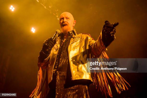 Rob Halford of Judas Priest performs on stage at Veterans Memorial Coliseum in Portland, Oregon on April 17, 2018.