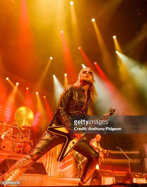 Richie Faulkner od Judas Priest performs on stage at Veterans Memorial Coliseum in Portland, Oregon on April 17, 2018.