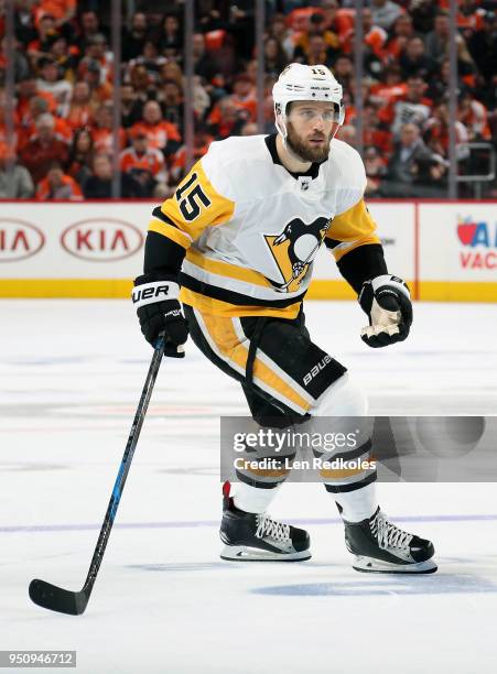 Riley Sheahan of the Pittsburgh Penguins skates against the Philadelphia Flyers in Game Four of the Eastern Conference First Round during the 2018...